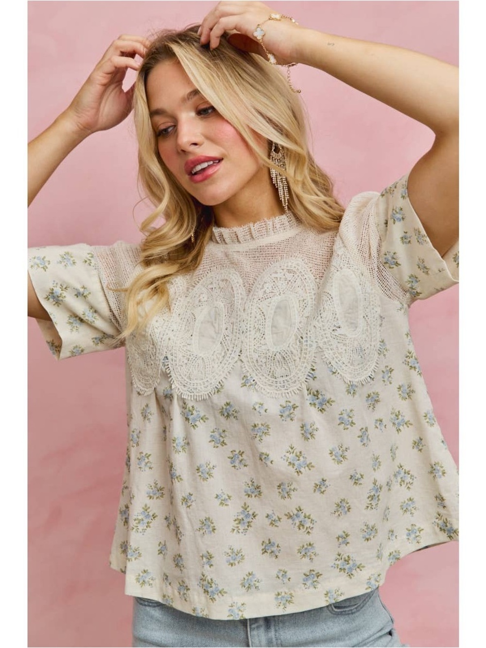 So Me BLUE FLORAL PRINT LACE TRIM COTTON BLOUSE TOP - Picture 6 of 10